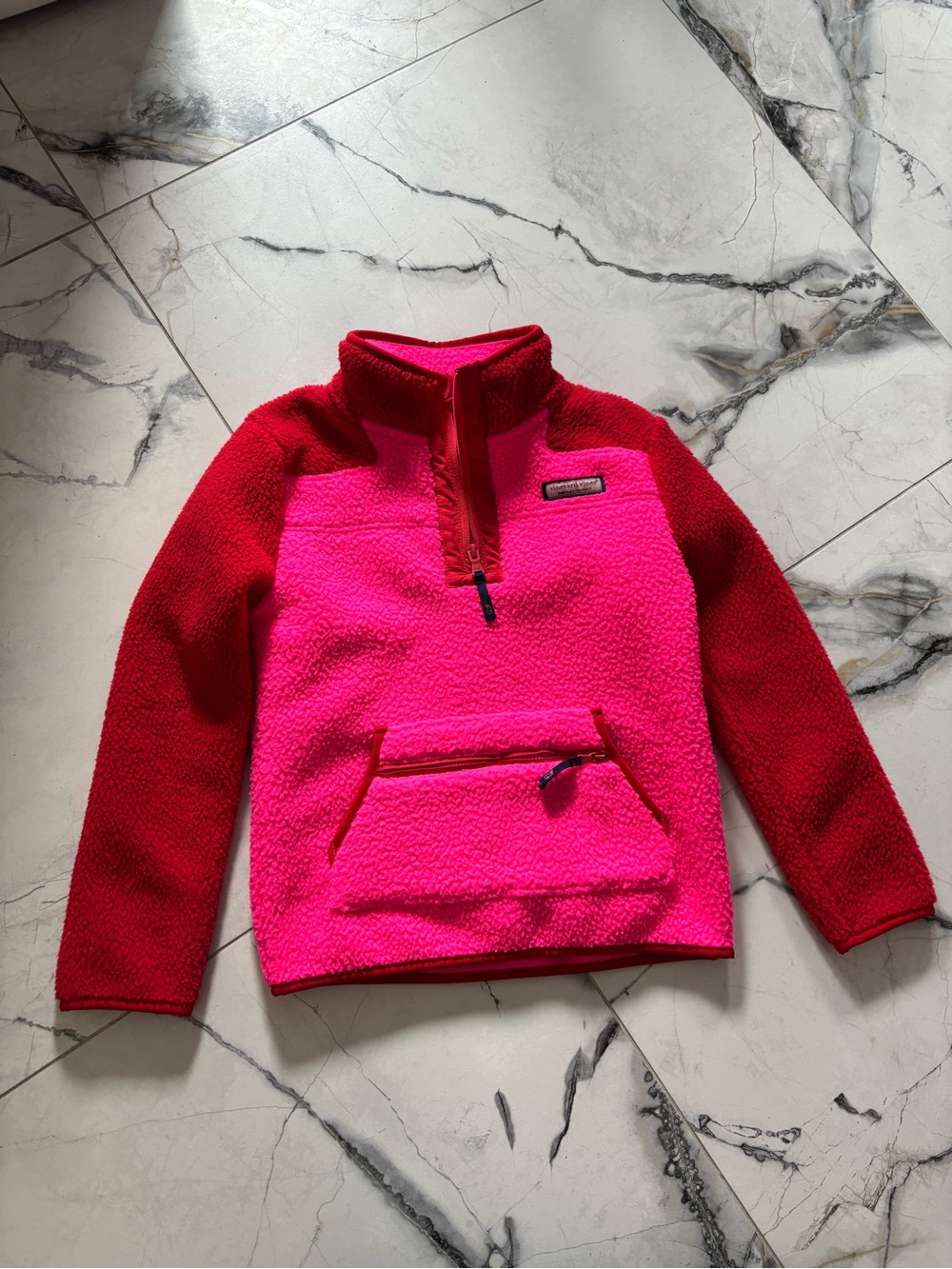 Vineyard Vines Kids Two-Tone Pink & Red Sherpa Half-Zip Pullover